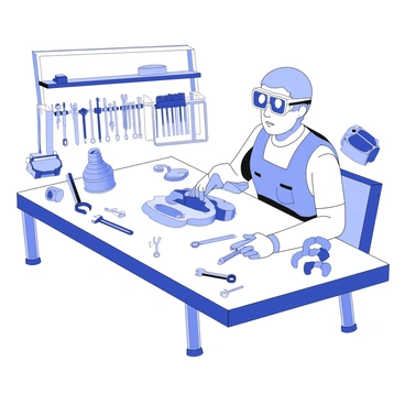 An engineer is positioned in a workshop, focused intently on an engine part. The engineer is wearing safety goggles and gloves, demonstrating attention to safety protocols. They are gripping a torque wrench with both hands, applying force to secure a bolt on the engine component. Various tools, including wrenches, pliers, and screwdrivers, are scattered across a workbench nearby. The workshop features metal tool racks filled with neatly organized tools and equipment against the walls. A large work table is illuminated by overhead lights, providing a clear view of the task at hand.