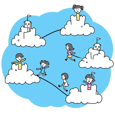 Several castles made of clouds are positioned at different heights in a bright blue sky. Each castle features billowing white walls and towers that resemble cotton candy. Fluffy bridges connect the castles, gently arching through the air. Children are floating between the castles, wearing colorful outfits, with wide smiles on their faces. Some children are holding hands, while others are playfully jumping from one fluffy bridge to another. The scene is filled with a sense of joy and whimsy.