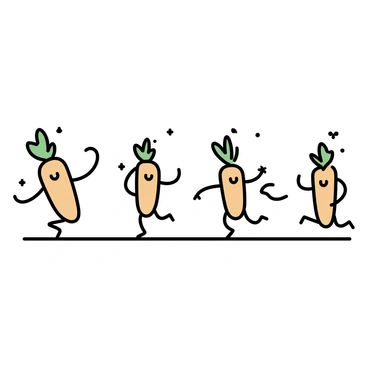 A group of carrots, each with vibrant orange texture and leafy green tops, are depicted as they twirl and leap energetically. Some carrots are in mid-air with their leafy tops fluttering, while others are positioned on the ground in dynamic poses. The background is a simple, light color to emphasize the movement of the dancing carrots. A few carrots have smiles on their faces, showcasing their joy during the dance. The scene captures a whimsical energy, portraying the lively nature of the carrots' celebration.