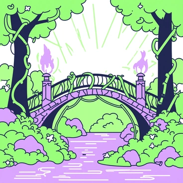 A mystical forest bridge made of vines, with magical flames illuminating its path