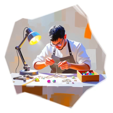 A jewelry craftsman with medium skin and short black hair is seated at a workbench, focused intently on assembling a delicate collier. The workbench is cluttered with various tools, such as pliers, wire cutters, and a magnifying lamp. The craftsman is wearing a protective apron and glasses, demonstrating careful precision as they attach intricate gemstone settings to the chain. Various colored gemstones and beads are scattered around the workspace, reflecting light in vibrant hues. A small wooden box containing finished pieces sits nearby, showcasing their craftsmanship. The atmosphere conveys a sense of dedication and artistry in the jewelry-making process.