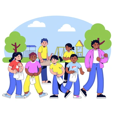 A group of children and adults are working together in a neighborhood park. The children, wearing colorful t-shirts, are collecting litter with small bags. The adults, dressed in casual attire, are picking up larger items and supervising the children. In the background, there are trees with green leaves and a playground with swings and slides. A blue sky with a few fluffy clouds is visible above, enhancing the sense of community and teamwork.