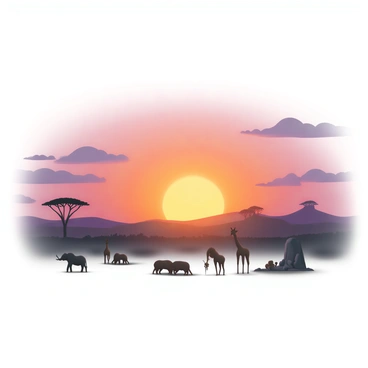 A vibrant sunset, filling the sky with hues of orange, pink, and purple, casts a warm glow over the African savannah. The horizon is dotted with acacia trees, their branches reaching out against the colorful sky. In the foreground, the silhouettes of various animals can be seen: a group of elephants standing majestically, a pair of giraffes with their long necks intertwined, and a pride of lions resting near a rock formation. The scene is depicted on a 30x20 board, showcasing the beauty of the savannah at dusk.
