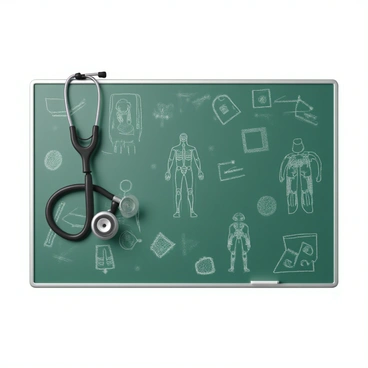 A stethoscope with a black tubing and shiny metal chest piece hangs on the corner of a large green chalkboard. The chalkboard is filled with white and colored chalk notes, diagrams of the human body, and medical symbols. There are anatomical drawings illustrating muscles and bones, alongside handwritten notes that describe various medical conditions. The overall scene conveys a clinical and educational atmosphere, emphasizing the study of medicine.