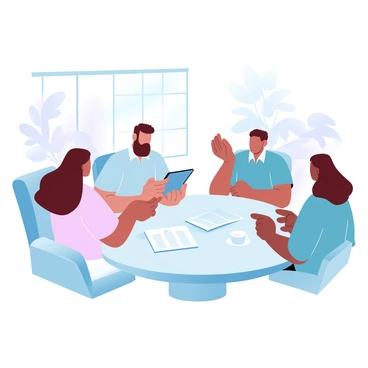 A diverse group of people is gathered around a round table in an office setting. There are three men and two women, with varying skin tones and hairstyles, engaged in a discussion. One man is holding a tablet, showing some data to the others. The second man is taking notes on a notepad, while the woman to his left is pointing at a stack of documents in the center of the table. The other woman is sipping coffee from a mug. The office features large windows with natural light streaming in, and there are indoor plants visible in the background.