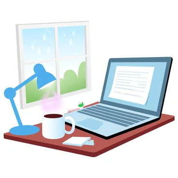 A laptop is open on a wooden desk with a steaming mug of coffee placed beside it. The laptop displays a document with text and notes. A soft light from a lamp provides warmth to the workspace. In the background, a window shows raindrops sliding down the glass, with a blurred view of a green garden outside. On the desk, there are scattered notepads and a small potted plant adding a touch of greenery to the cozy atmosphere.