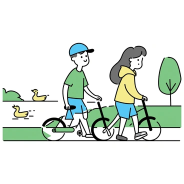 Two friends are walking alongside a lakeside path, each pushing their bicycles. One friend is wearing a blue cap and a green t-shirt, while the other is dressed in a yellow hoodie and denim shorts. They are smiling and engaged in conversation. Near them, a group of ducks is swimming in the calm water. The path is bordered by lush green grass and a few trees, creating a peaceful scene.