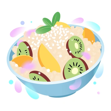 A bowl of couscous surrounded by an array of tropical fruits, including slices of kiwi, mango, and pineapple. The couscous is fluffy and colorful, mixed with vibrant pieces of fruit. A generous sprinkle of coconut flakes rests on top, adding texture. A few mint leaves are scattered around the dish for a fresh touch. The background features a subtle gradient of pastel colors enhancing the vibrant feel of the dish.