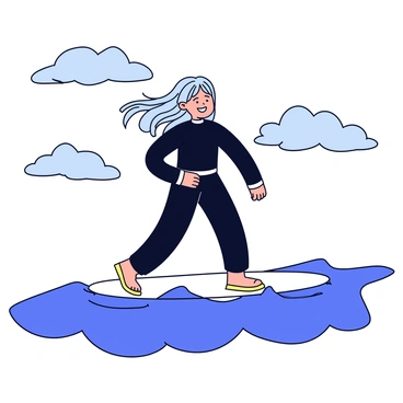 A girl wearing a black wetsuit is standing on a surfboard, poised on the surface of the ocean. The waves around her are gently rolling, creating a sense of movement. The sky above is filled with gray clouds, indicating an overcast day. The girl has long, flowing hair that dances in the wind, and she has a big smile on her face. She is positioned in a dynamic stance, showcasing her excitement and readiness to ride the next wave.