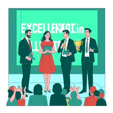 A teal team of four people is standing proudly on a stage at a formal award ceremony. Each member holds a distinctive trophy with a shining golden base, symbolizing their achievement. The person in the center is a woman with long dark hair, wearing a formal red dress, while the others are dressed in smart suits. Behind them, a large banner displays the words "Excellence in Illustration" in white letters against a teal background. The audience, visible in the foreground, is applauding enthusiastically, creating an atmosphere of celebration.