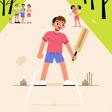 A child with short brown hair is standing on a dirt street, holding a cricket bat made of a wooden plank. The bat is rectangular in shape and has scratches and wear marks, showing it has been used in many games. The child is wearing a bright red t-shirt and blue shorts, with a determined expression on their face, ready to swing. Around the child, there are small piles of stones serving as wickets, and a few friends can be seen in the background, eagerly watching the game. The sun is shining, casting shadows on the ground, and there are a few trees lining the street.