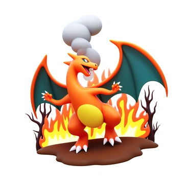 Charizard bravely fighting a forest fire, with flames and smoke surrounding