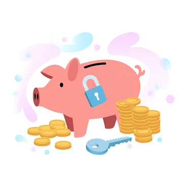 A piggy bank shaped like a traditional pig, featuring a shiny lock on its side. A small key is placed next to the piggy bank. Surrounding the piggy bank are numerous stacks of gold coins, with some coins partially overflowing from the stacks. The background consists of a soft gradient of pastel colors.