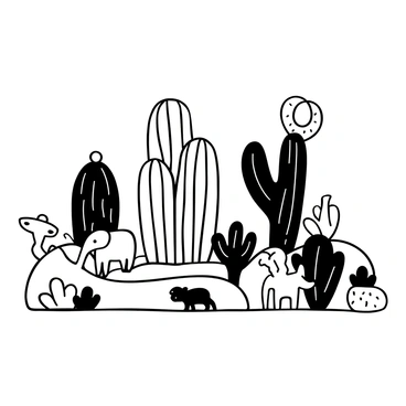 A group of cacti of various shapes and sizes standing on sandy ground. Surrounding the cacti are several toy animals, including a toy elephant, a giraffe, and a lion, all in playful positions. Desert-themed decorations, such as miniature sombreros and small wooden cacti, are scattered around the scene. The overall composition portrays a lively and whimsical desert environment.