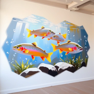 A large mural on a wall depicts a dynamic scene of several brown trout swimming gracefully through clear blue water. The trout are illustrated in various sizes, showcasing their distinctive spots and colors, with hues of brown, gold, and hints of orange. Bubbles rise to the surface as the fish navigate among lush aquatic plants and rocks at the bottom. Light filters through the water, creating a shimmering effect on the trout and the surrounding environment, adding depth to the mural.