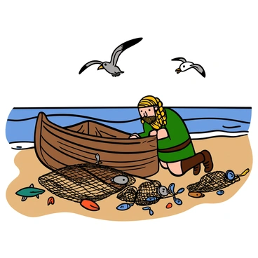 A Viking warrior with light skin and long braided hair is kneeling on the sandy shore, focused on repairing a small wooden fishing boat. He is wearing traditional Viking attire, which includes a leather tunic and sturdy boots. Surrounding him are fishing nets tangled with various catches, including fish and crustaceans, scattered on the sand. In the background, gentle waves are lapping at the shore, and a few seagulls are flying above, adding to the coastal scene.