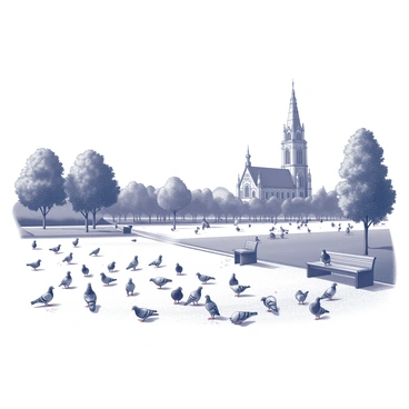 A spacious park filled with numerous pigeons scattered across the ground, some pecking at crumbs and others perched on benches. In the background, "Notre-Dame de la Garde" stands tall, with its distinctive basilica featuring a prominent dome and a statue on top. The park features neatly trimmed grass and a few trees providing shade. People can be seen walking along the pathways, while a gentle breeze causes the leaves to rustle. The scene captures an interaction between the pigeons and the visitors in this urban environment.