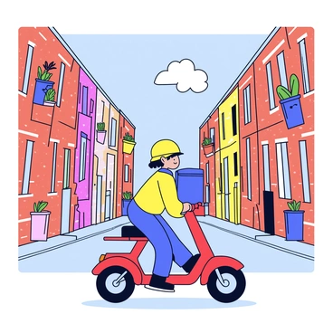 A delivery person on a moped speeding through narrow urban alleys