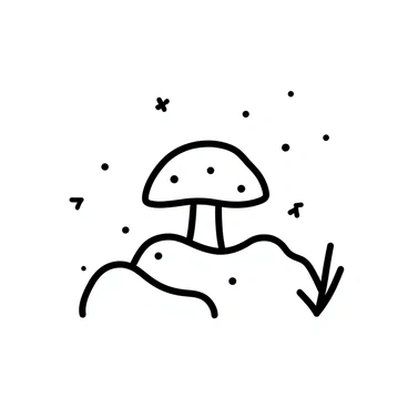 A lone mushroom with a domed cap is emerging through a soft blanket of snow. The snow is piled high around the mushroom, creating gentle slopes and mounds. Delicate snowflakes are settled on the surface of the mushroom, enhancing its presence against the white backdrop. The surrounding area is sparse, with only a few small twigs partially visible beneath the snow. The scene conveys a sense of isolation, emphasizing the resilience of the mushroom in the winter environment.