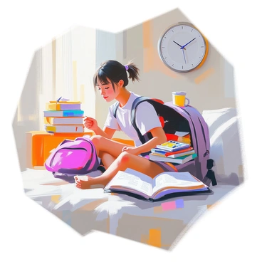 A student with dark hair tied back is packing their backpack in a bright, organized bedroom. The student is wearing a casual t-shirt and shorts, focused on ensuring they don't forget anything. The backpack is open and filled with neatly arranged school supplies including notebooks, textbooks, pens, and a calculator. A clock on the wall shows the early morning time, and a study guide is spread out on the desk beside them. A backpack sits on the floor next to them, ready to go.