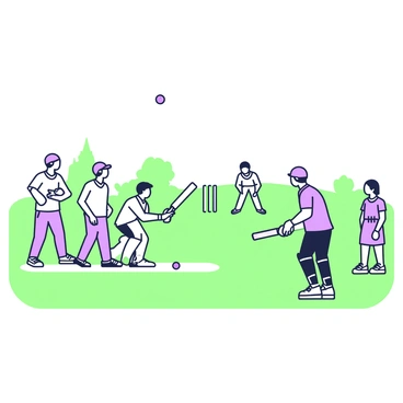 A wide-open field stretches out under a clear sky where a group of friends is playing cricket. In the center, two players are engaged in a game, one is batting while the other stands ready to bowl, focused intently on the ball. Surrounding them are four other friends, some standing and others crouching in a ready position, eagerly watching the play unfold. A cricket bat and ball are prominently placed in the foreground. In the background, a few trees line the edge of the field, adding depth to the scene.