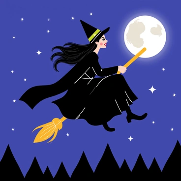A witch with long flowing black hair wearing a pointed hat is soaring through the night sky on a wooden broomstick. She is dressed in a dark, flowing gown that billows in the wind. The sky is deep blue, scattered with twinkling stars. A large, glowing full moon casts bright silver light, creating a stark contrast against the darkness. Below, silhouettes of treetops can be seen, adding depth to the scene. The witch's expression is focused as she glides through the air.