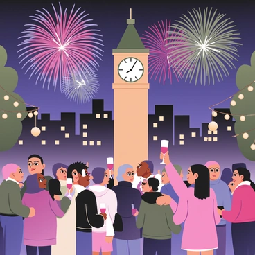 A digital flat illustration depicting a lively New Year's Eve scene. In the foreground, a crowd of diverse people is celebrating, some holding glasses of sparkling champagne. In the center, a large clock tower shows the time as "12:00," signaling midnight. Above the crowd, colorful fireworks explode in vibrant reds, blues, and greens against a dark night sky. The buildings in the background are silhouetted against the illuminated sky, creating a festive atmosphere. Strands of twinkling lights hang from nearby trees, enhancing the celebratory mood.