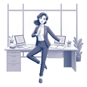 A cartoon character depicting a boss girl. She has a confident expression and is wearing professional attire with a stylish blazer. The scene shows her in an office setting, with a desk cluttered with papers and a computer in the background. She is in a yoga pose, such as tree pose, balancing gracefully on one leg. The office has large windows and a few indoor plants, creating a lively atmosphere. The girl is focused and relaxed, showcasing a moment of tranquility amidst her busy work environment.