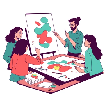 A group of illustrators is gathered around a large white canvas, actively collaborating on designs for a festival poster. Each illustrator is holding colorful markers and paintbrushes, with vibrant sketches visible on the canvas. One illustrator is painting bold shapes in red, while another is adding intricate details in teal. The atmosphere is dynamic, with smiles and expressions of concentration as they discuss their ideas. Around them are stacks of reference materials and colorful paint tubes scattered on a wooden table.