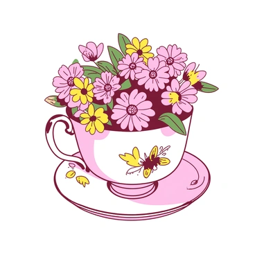 A white whimsical teacup decorated with intricate patterns of bee balm flowers in vibrant detail. The teacup is filled with a variety of colorful flowers, including pink and yellow blooms, creating a lively display. The teacup rests on a matching saucer that complements its design, adding to the overall charm of the arrangement. The scene captures a sense of playful elegance with the juxtaposition of the delicate flowers and the fine china.