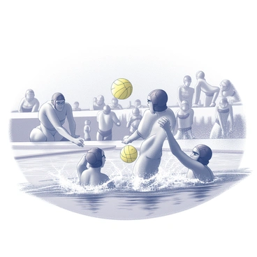 A swimming pool scene featuring two teams engaged in an intense water polo match. Players from one team are wearing dark caps while the opposing team is wearing light caps. The athletes are actively swimming, with some treading water and others diving to gain possession of the ball. Two players are reaching for a yellow water polo ball, their muscles straining as they compete for control. The pool is surrounded by spectators in the background, eagerly watching the game unfold. Water splashes around the players, creating dynamic movement and energy in the scene.