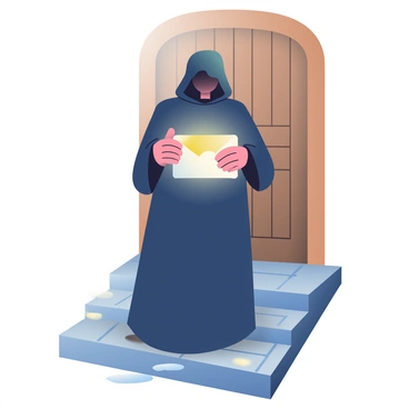 A cloaked figure with a dark hood is standing at a wooden doorstep. The figure's hands are visible, gripping a glowing envelope that emits a soft, luminous light. The envelope is partially open, revealing a hint of golden parchment inside. The doorway behind the figure is framed with intricate woodwork, and there are shadows cast on the threshold, enhancing the mysterious atmosphere. The ground is made of cobblestones, wet from a recent rain, reflecting the glow of the envelope.