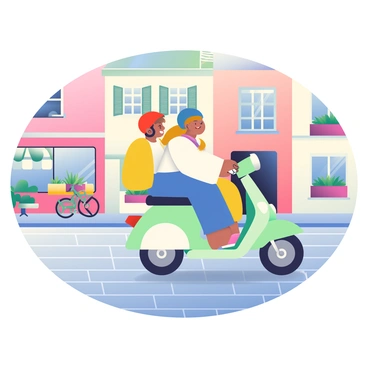 Two friends on a retro scooter bike exploring a small European town