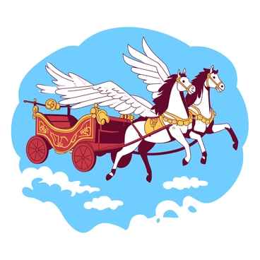 A grand chariot pulled by winged horses flying through the sky