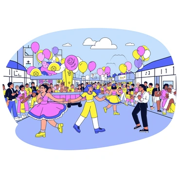 A vibrant parade taking place on a sunny day. The street is lined with cheering spectators. Performers in colorful costumes are dancing and twirling, showcasing a variety of outfits with feathers and sequins. Large floats are decorated with bright flowers and festive motifs, being pulled along the street. Balloons of various shapes and sizes float above the crowd, adding to the joyful atmosphere. The scene conveys a sense of excitement and celebration.