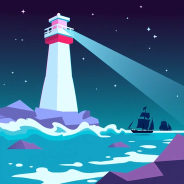 A low-poly lighthouse stands tall on a rocky coastline, its simple geometric shapes creating a distinctive outline against the night sky. The lighthouse is painted in bright white with a red stripe around the middle, casting a warm glow from its light at the top. Below the lighthouse, the ocean waves crash against the rocks, generating splashes of blue and white foam. In the distance, silhouetted ships can be seen navigating through the dark water, guided by the beam of light sweeping across the scene. The starry sky above is dotted with twinkling stars, enhancing the tranquil yet adventurous atmosphere of the night.