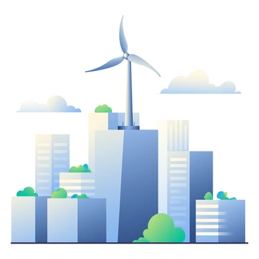 A rooftop wind turbine is prominently positioned on the top of a sleek, modern city building. The turbine features three metallic blades that are gracefully spinning in the wind. Surrounding the building, a cluster of tall skyscrapers with glass facades reflects the sunlight, creating a vibrant urban landscape. The sky is a soft blue with a few fluffy white clouds scattered throughout. In the foreground, there are green rooftop gardens visible on adjacent buildings, showcasing a blend of nature amidst the cityscape.