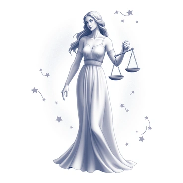 A celestial figure representing Virgo stands gracefully, embodying the essence of Astraea. She is depicted with flowing hair and a serene expression, dressed in a flowing gown that cascades around her. In her right hand, she holds a set of "scales of justice," balanced evenly to signify fairness. The scales are intricately designed, with delicate chains connecting them to the central beam. Surrounding her are faint illustrations of stars and constellations, enhancing the celestial theme. The background features a soft, ethereal glow, creating a mystical atmosphere.