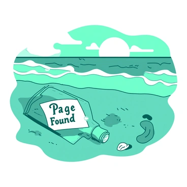 A quiet beach with a message in a bottle washed up ashore reading 'Page Not Found'