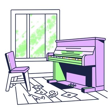 An old piano is positioned against the wall of a dusty room, its wood showing signs of age and wear. Sunlight filters through a grimy window, casting soft light on the piano's surface. The keys appear yellowed with time, and a few are slightly chipped. Scattered on the wooden floor are several sheets of music, some crumpled and others neatly laid out. In the background, there is an empty chair pushed slightly away from the piano, as if someone has just left. The walls of the room are bare and peeling, enhancing the atmosphere of neglect and history.