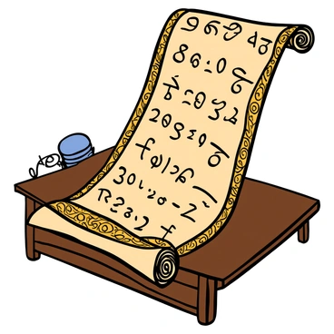 An ancient scroll made of weathered parchment is unrolling on a wooden table. The scroll is adorned with intricate gold and bronze patterns along the edges. As it unfolds, detailed mystic symbols and numbers appear, showcasing a complex expanded form calculation. Soft light illuminates the scroll, highlighting the ornate calligraphy and the mathematical expressions written in dark ink. The background is blurred, focusing attention on the scroll's captivating content.