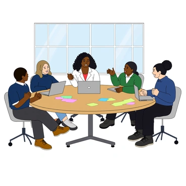 A confident young woman with medium skin and long, curly black hair sits at a round table. She is wearing a smart white blazer and black pants. Surrounding her are four team members, each with different appearances and attire, engaged in discussion. The table is cluttered with open laptops, colorful sticky notes, and pens scattered around. A large window in the background allows natural light to fill the room. The group appears focused and animated, with some team members leaning forward, actively contributing to the conversation.