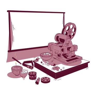 An antique film projector sits on a wooden table, its metallic body showing signs of age and wear. The projector is aimed at a white screen, which is slightly wrinkled and hanging from a wall. A collection of vintage film reels is scattered around the projector, with one reel partially spooled out. Nearby, there are a few bowls filled with popcorn, a small stack of film canisters, and a flickering candle providing soft light. The atmosphere is cozy, inviting viewers to enjoy a nostalgic movie night.