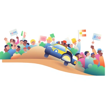 A rally car with a vibrant blue and yellow design is speeding along a dirt road, kicking up clouds of dust behind it. The car's wheels are partially airborne as it navigates a sharp turn. In the foreground, there are excited crowds of people with diverse appearances, all standing along the sides of the road. They are waving colorful flags in various shades, including red, green, and orange, while cheering enthusiastically. Some individuals are raising their arms in celebration, and a few are holding up signs with slogans in bold lettering. The scene conveys a sense of motion and energy as the rally car races past the cheering spectators.