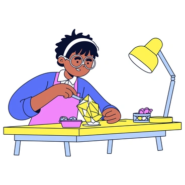 A jeweler skillfully cutting and polishing a gemstone at a bright workbench.