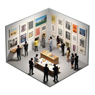 An exhibition hall filled with various artworks created using printmaking techniques. The walls are adorned with a diverse array of prints, each showcasing different styles such as lithography, etching, and screen printing. Some artworks depict landscapes with bold colors, while others feature abstract designs in monochrome. In the center of the room, there is a display table featuring tools used in printmaking, such as ink rollers, wooden printing blocks, and stacks of paper. Visitors are engaged in discussions while observing the intricate details of the artworks. The lighting is bright, highlighting the textures and colors of the prints.