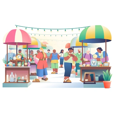 A quaint vintage market is depicted, filled with various stalls selling antiques and trinkets. Each stall is adorned with colorful awnings, providing shade for the items displayed beneath. There are wooden tables showcasing an assortment of old-fashioned clocks, glass bottles, and ceramic dishes. Nearby, a stall is filled with intricate jewelry, including a collection of vintage brooches and necklaces. Bathing in warm daylight, shoppers are mingling, examining items, and conversing with the vendors. Some stalls feature small potted plants, adding a touch of greenery to the market. In the background, string lights are hanging above the market, creating a cozy atmosphere.