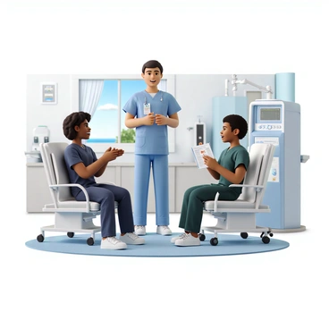 A nurse with light skin and short brown hair, wearing blue scrubs and a name badge, is standing next to a hemodialysis machine. The machine is large, with various dials, tubes, and a digital display showing measurements. The nurse is using her hands to demonstrate a process, her expression friendly and engaging. In front of her, a curious patient with medium skin tone and short curly hair is seated on a hospital bed, looking attentively at the nurse while holding a pamphlet about hemodialysis. The room is brightly lit, with medical equipment in the background and a window showing a clear blue sky outside.
