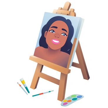 A partially completed portrait of a smiling person is displayed on an artist's easel. The portrait features a person with light brown skin, medium-length black hair that is slightly wavy, and bright blue eyes. The canvas shows the person's face, with rich colors and brush strokes indicating their joyful expression. The easel is made of wood, resting on a wooden floor. Surrounding the easel are various art supplies, including a palette with a mix of colors and several paintbrushes, some resting on the floor. Soft lighting illuminates the scene, enhancing the warmth of the smile captured in the unfinished portrait.
