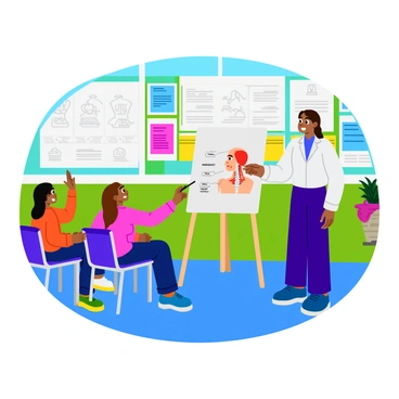 A teacher standing in front of a classroom, pointing at a colorful diagram of neck anatomy displayed on an easel. The classroom features bright bulletin boards with educational posters. Students are seated at their desks, some raising their hands with curiosity. The visuals include labeled illustrations of cervical vertebrae, muscles, and a highlighted area indicating common pain points. The teacher is using a pointer to emphasize key details on the diagram. The classroom has large windows allowing natural light to enter, and a whiteboard in the background filled with notes and diagrams related to pain relief techniques.